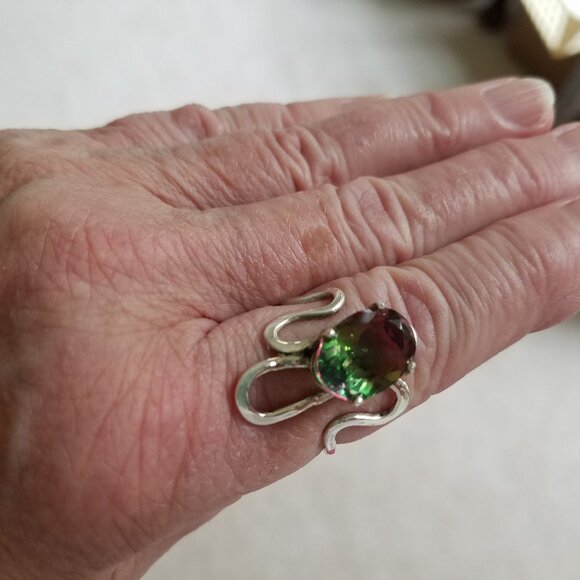 Handcrafted .925 Sterling Silver Hammered Thin Swirl Ring Lg Watermelon Quartz 9 - Picture 3 of 7